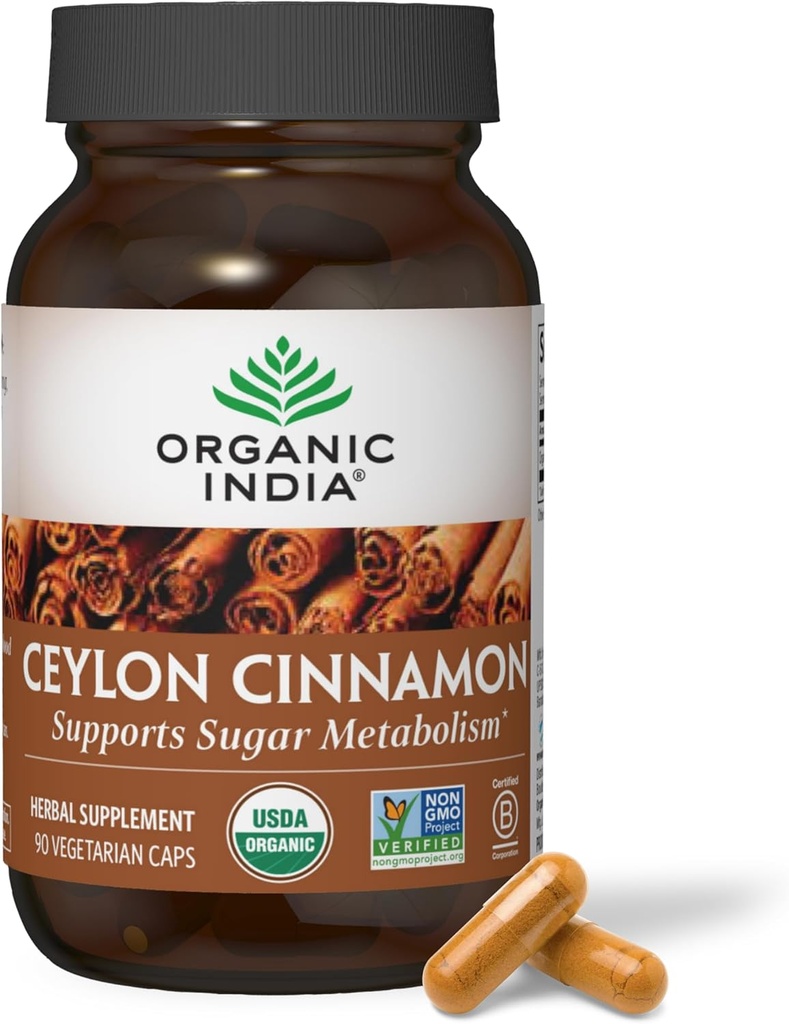 ORGANIQUE INDIA Ceylan Supplément de cannelle - Capsules de cannelle biologique Ceylan, Supplément de cannelle à base de plantes, Soutien Digestion, Source d'antioxydants, USDA Organique, Vegan, Sans gluten - 90 Capsules