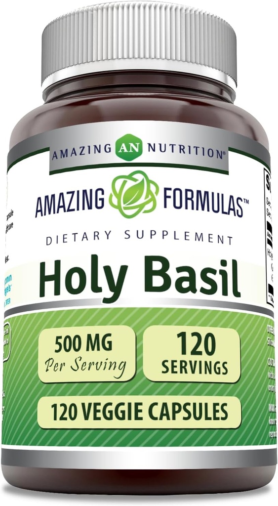 Formules étonnantes Extrait de basilic Saint 4:1 Supplément de 500 Mg par service de 120 Capsules de 100 mg sans gluten Fabriqué aux États-Unis