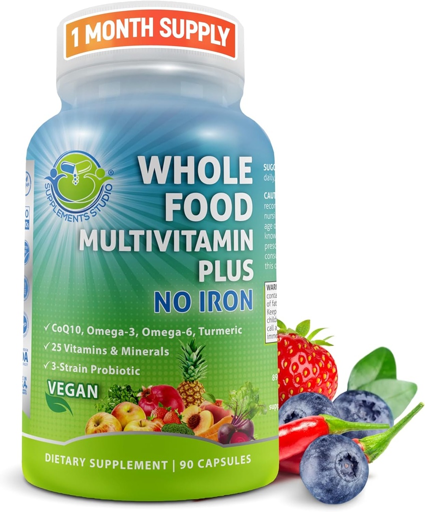 Vegan Whole Food Daily Multivitamin Without Iron, Methylated Multivitamin for Women and Men, Made with Fruits & Vegetables, B-Complex, Probiotics, Enzymes, CoQ10, Omegas, Turmeric, Non-GMO, 90 Count