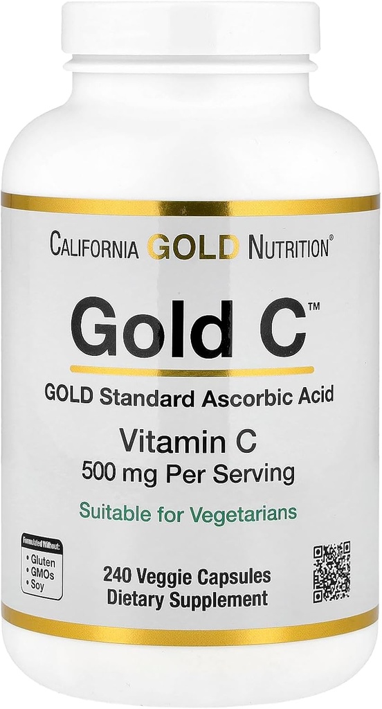 California Gold Nutrition Gold C USP Grade Vitamine C Supplement - Immune Support & Saisonnier Wellness - Végétarien Friendly - Sans gluten, sans OGM - 500 mg - 240 Capsules de Veggie