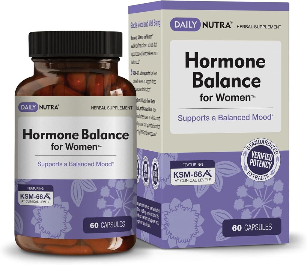 Balance des hormones - Supplément sérotonine pour femmes - KSM-66 Ashwagandha, Dong Quai, Chaste Tree Berry, Rhodiola, & Extraits de haricots de cacao - pour Hormones femelles, PMS, Ménopause (60 capsules)