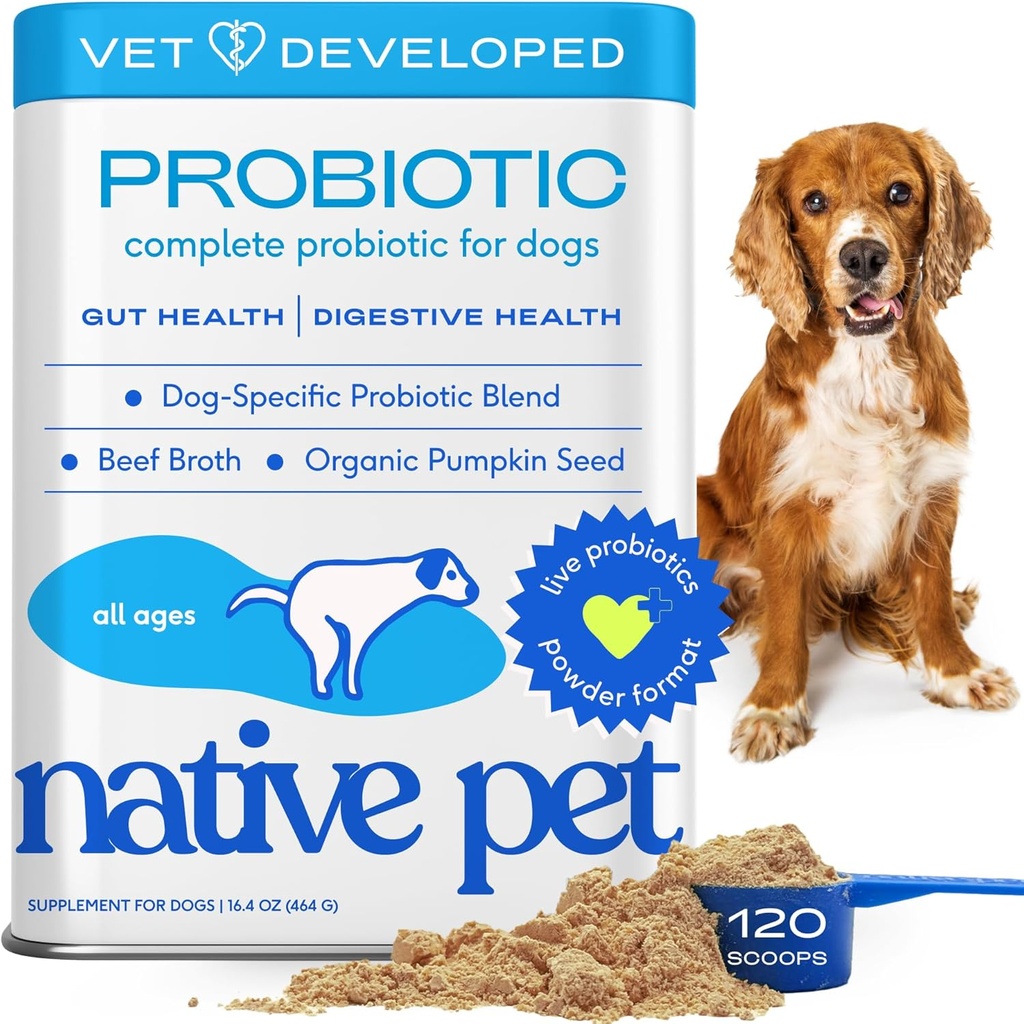 Probiotiques pour chiens autochtones - Poudre de probiotiques pour la santé digestive, le soutien des intestins et le boost immunitaire – Poudre formée de vétustes pour une puissance maximale avec enzymes digestives et prébiotiques - 120 scoops