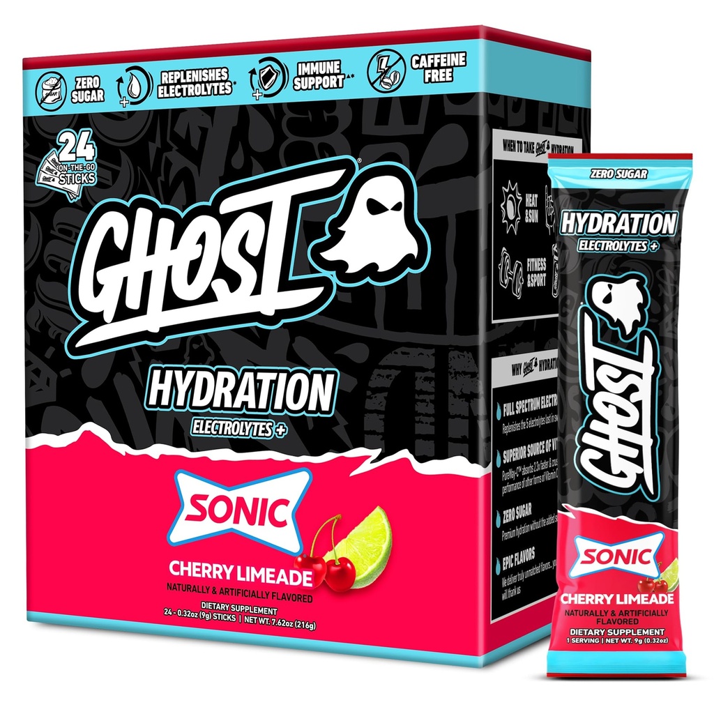 GHOST Packets d'hydratation, Limeade de cerise sonique, 24 bâtons, Poudre d'électrolyte - Supplément de boisson avec Magnésium, Potassium, Calcium, Vitamine C - Vegan Friendly, Sans soja, Sucre et Gluten