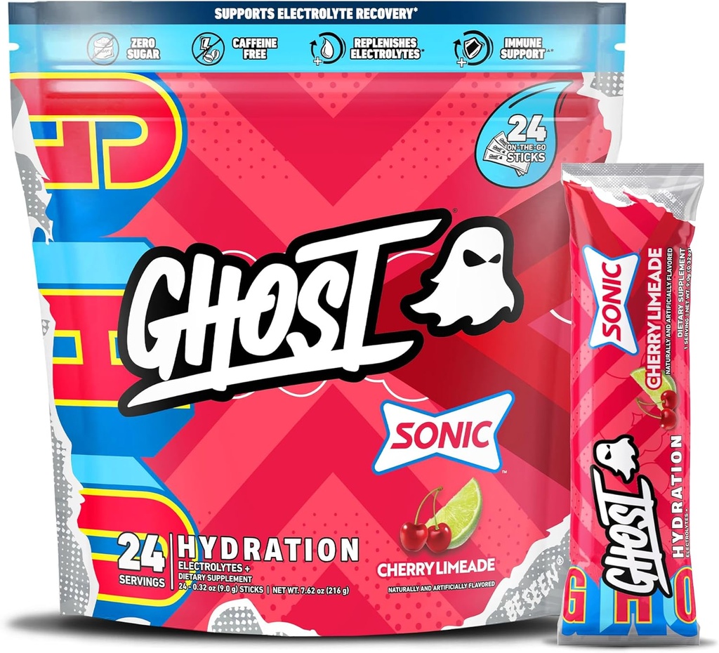 GHOST Packets d'hydratation, Limeade de cerise sonique, 24 bâtons, Poudre d'électrolyte - Supplément de boisson avec Magnésium, Potassium, Calcium, Vitamine C - Vegan Friendly, Sans soja, Sucre et Gluten