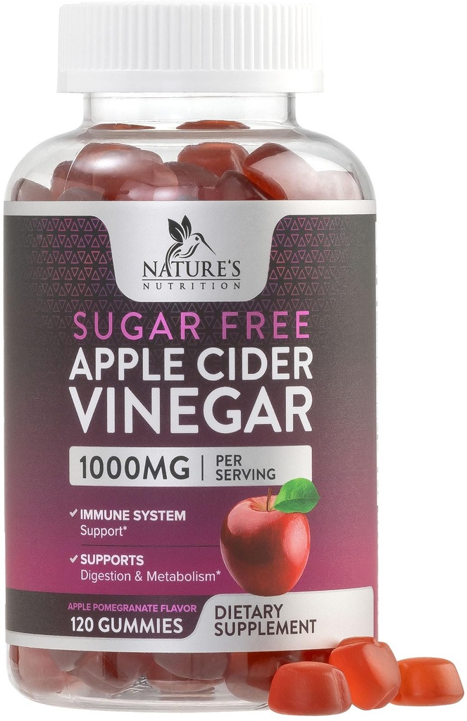 Gommies de vinaigre de cidre de pomme pour perte de poids 1000mg - Gommy de vinaigre de pomme végétalien pour désintoxication et nettoyage, pilules de supplément de vinaigre de cidre de pomme, vitamine B12, sans sucre Gommy de vinaigre de cidre de pomme, non-OGM, nutrition de la nature - 120 Gommies