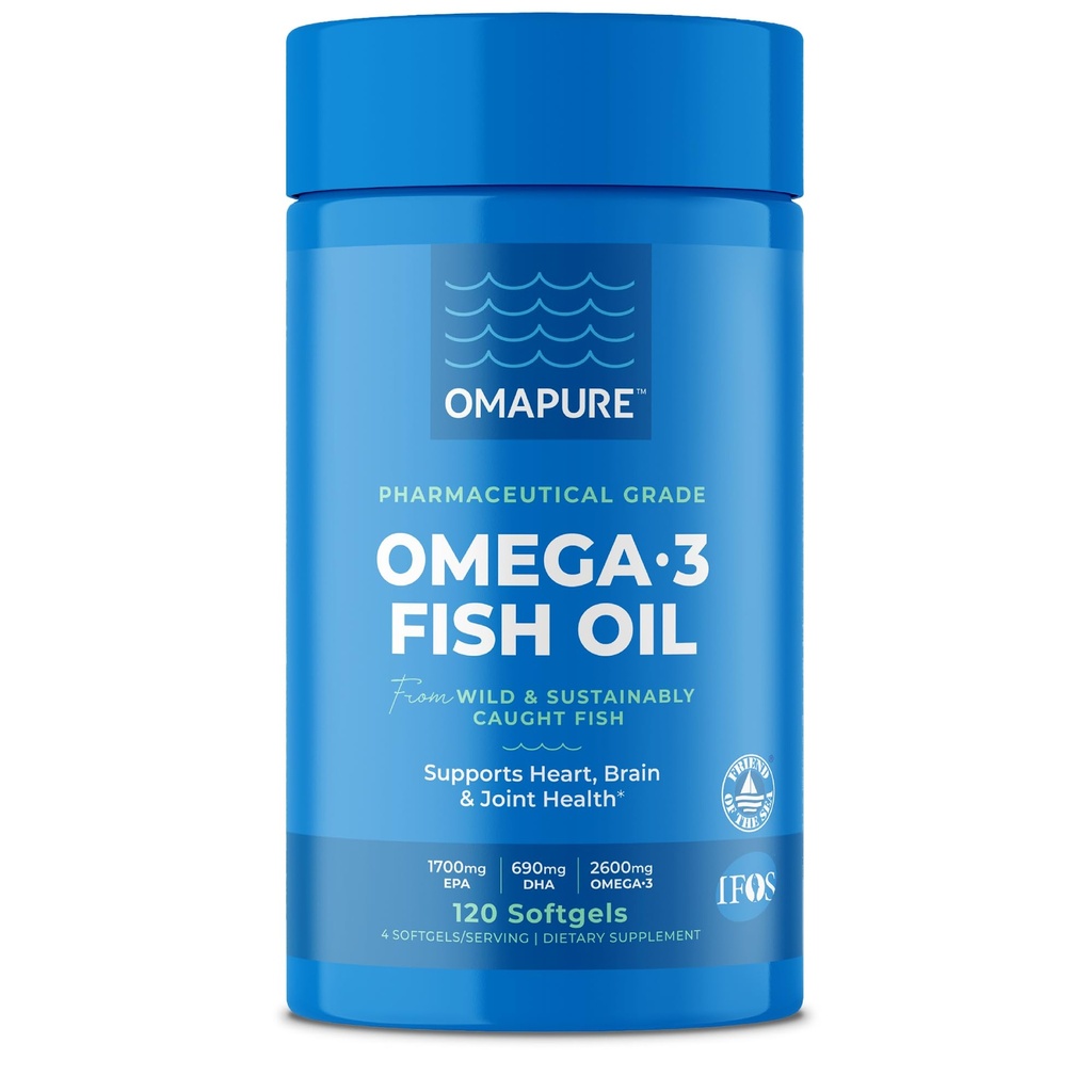 OMAPURE Suppléments d'huile de poisson avec acides gras oméga 3 (1 bouteille, 120 softgels) - Haute EPA, DHA et IFOS Piles d'huile de poisson soutenir le coeur et la santé articulaire - Huile de poisson sans Burpless favorise la fonction cérébrale
