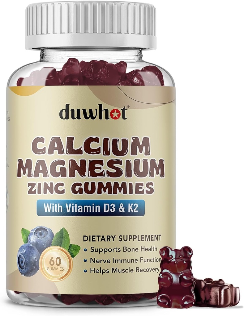 Calcium Magnésium Zinc Gummies pour femmes, supplément calcium à croquer 1000 mg Vitamine D3 & K2, santé des os et des nerfs, fonction musculaire, soutien immunitaire et soulagement du stress, Blueberry Flavor, 60 Ct