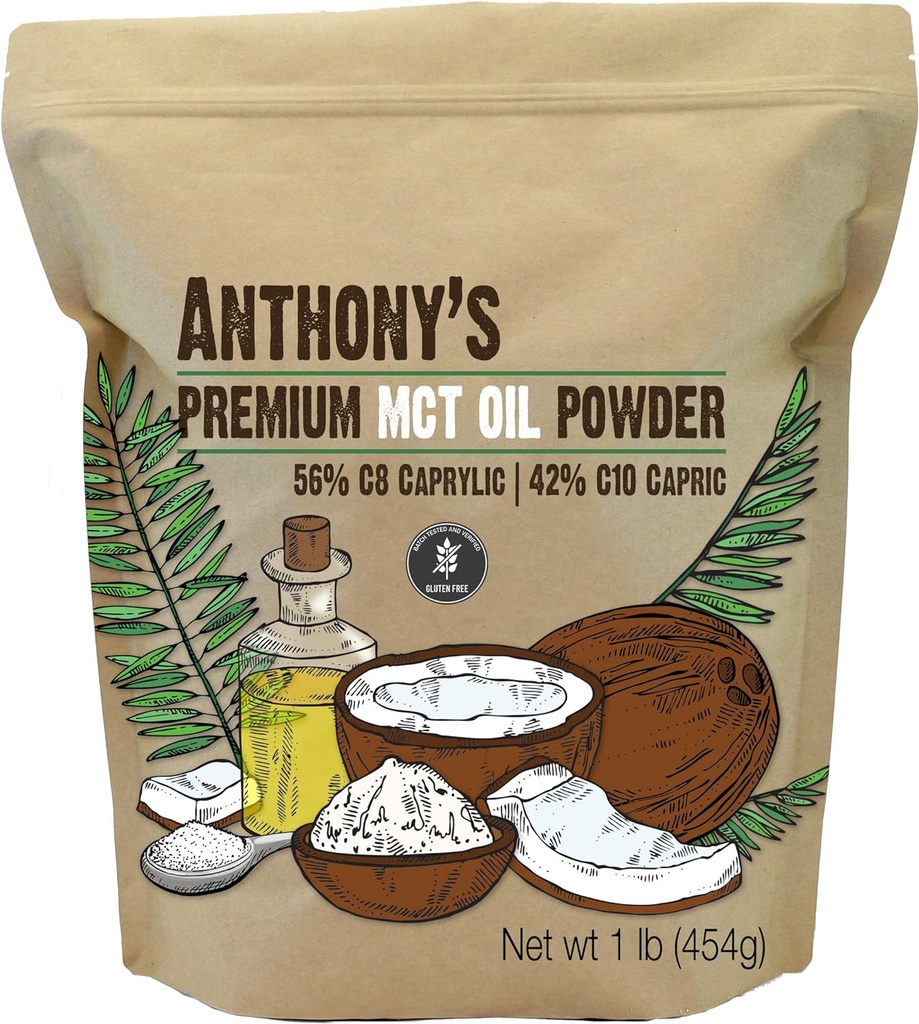 Poudre d'huile MCT premium d'Anthony 56% C8 Caprylique, 42% C10 Capric, 1 lb, Sans gluten, Non OGM, Keto Friendly