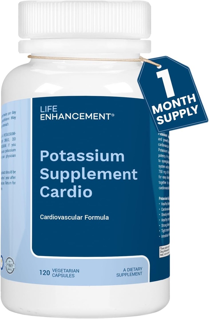 Enhancement de la vie Supplément de potassium cardio soutient la santé musculaire, nerveuse et cardiovasculaire – 750 mg de bicarbonate de potassium favorise sans additifs et est fabriqué aux États-Unis (120 capsules – 60 portions)