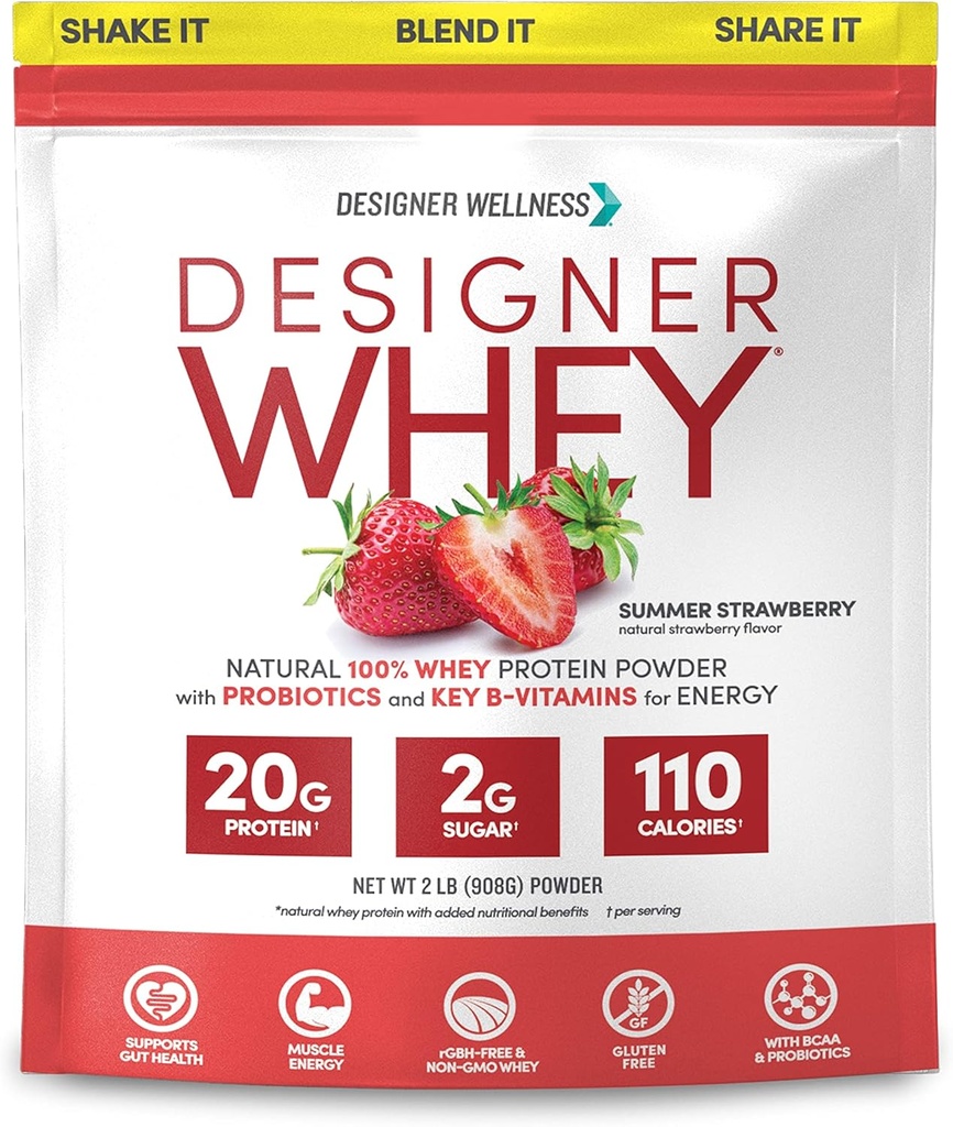 Designer Wellness, Designer Whey, poudre naturelle de protéines de Whey avec probiotiques, fibre et clés B-vitamines pour l'énergie, sans gluten, fraise d'été, 2 lb
