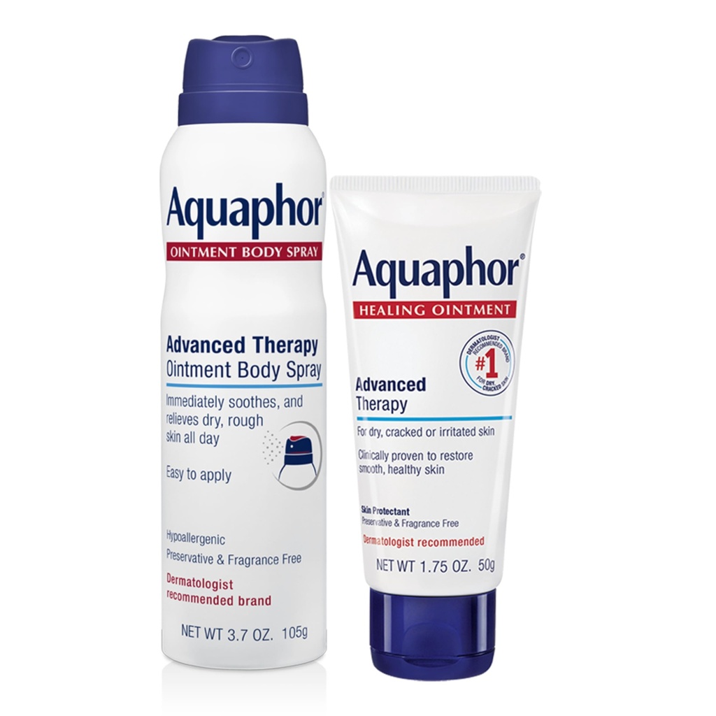 Aquaphor Ensemble de soins de la peau, traitement avancé Onguent de guérison (1,75 Oz) + traitement avancé Onguent Spray corporel (3,7 Oz), hypoallergénique et sans parfum Hydratant du corps pour la peau sèche
