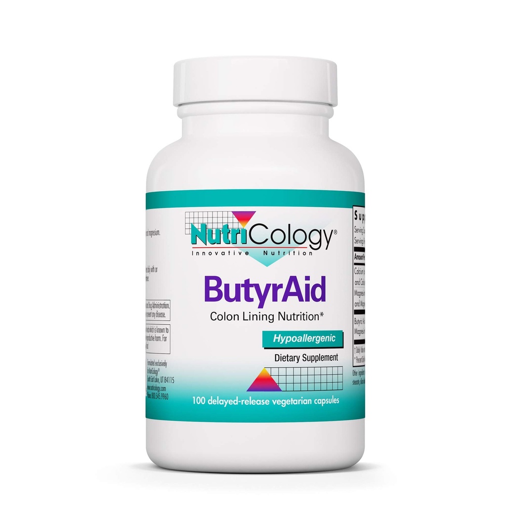 Nutricologie ButyrAid Supplément 200 mg - Butyrate, Gut Health, Acide Butyrique, Complexe d'Hributyrine, Colon Lining Nutrition, Postbiotiques, Capsules Végétariennes à libération différée - 100 Compte
