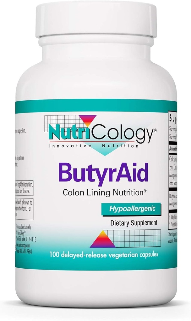Nutricologie ButyrAid Supplément 200 mg - Butyrate, Gut Health, Acide Butyrique, Complexe d'Hributyrine, Colon Lining Nutrition, Postbiotiques, Capsules Végétariennes à libération différée - 100 Compte