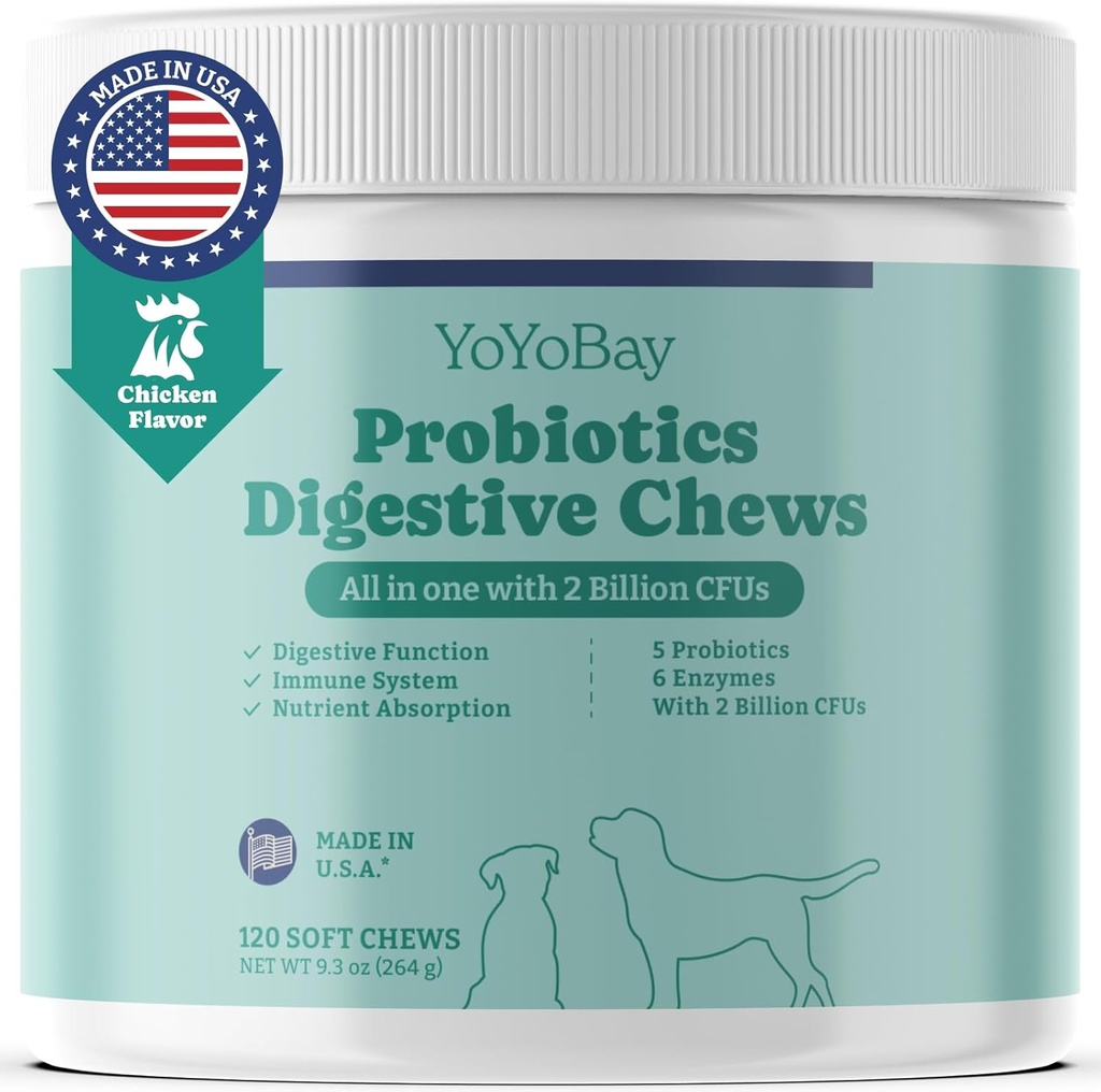 Probiotiques pour chiens, probiotiques pour chiens et prébiotiques avec enzymes, pour la santé Gut & Digestive et l'équilibre des levures, support système immunitaire, goût de poulet, 120 chews doux