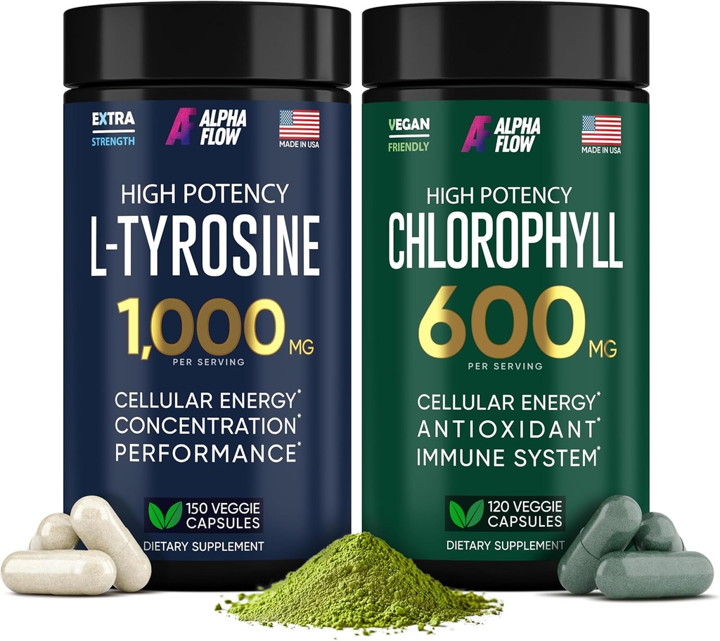 (Bundle) Capsules de chlorophylle et de tyrosine - Supplément énergie naturelle, immunité et concentration - 600 mg de chlorophylle pour la fraîcheur + 1000 mg de L-tyrosine pour la focale et la clarté mentale - Fabriqué aux États-Unis