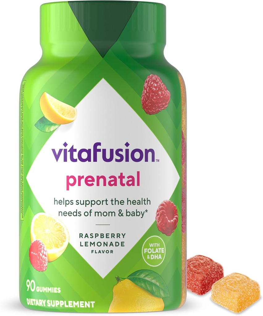 vitafusion Vitamines gommy prénatales, goût de citronnade de framboise, supplément de vitamine prénatale pour les femmes avec folate et DHA, 45 jours d'approvisionnement, 90 comte