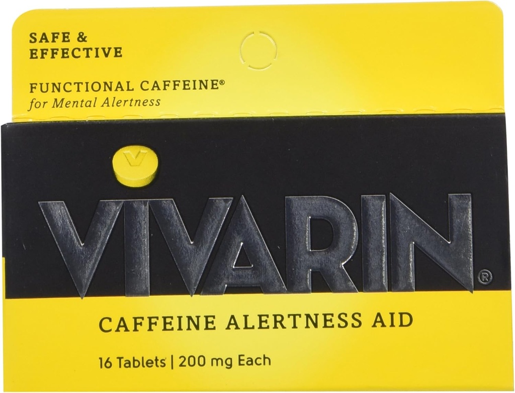 Vivarin, Pilules de caféine, 200 mg de caféine dans chaque comprimé, en toute sécurité et efficacement aide à rester éveillé, aide à l'alerte, supplément énergétique, 16 comprimés - 3 paquets
