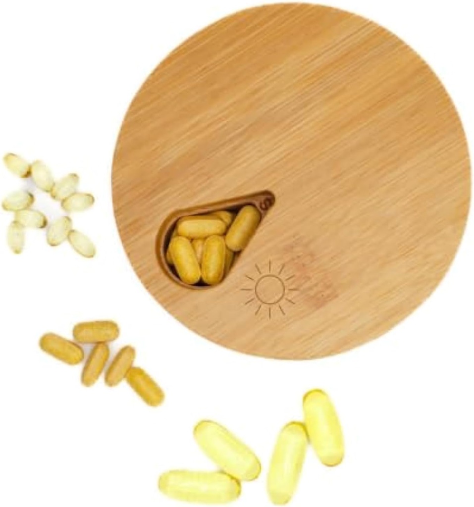 Organisateur de médicaments Wood Daily Weekly, Organisateur de pilules de voyage et support de pilules, Boîte de cas Organisateur de pilules de vitamines, Journée de pilules, Design amélioré avec les jours de la semaine et Lis de bois massif (matin)