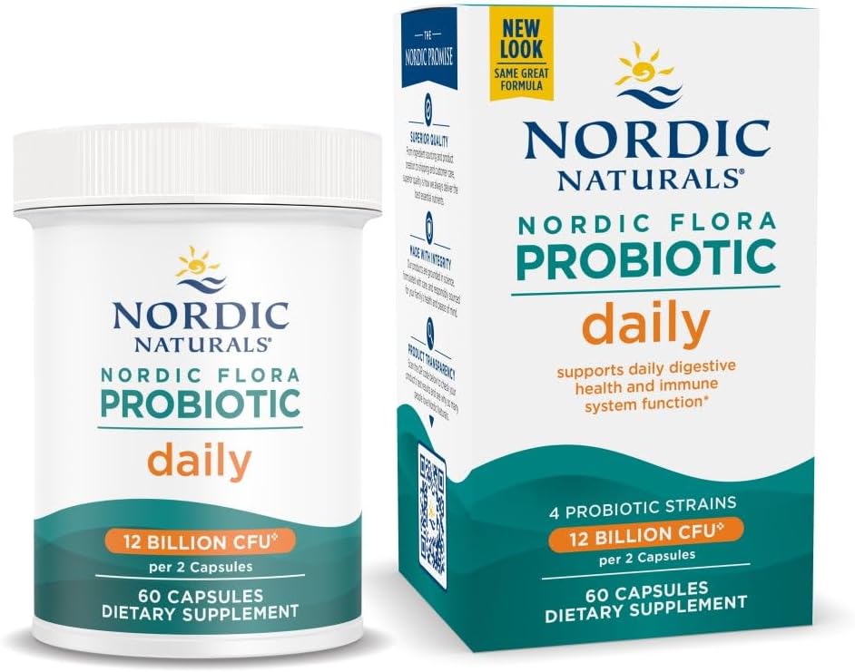 Nordic Naturals Nordic Flora Probiotic Daily - 60 capsules - 4 souches probiotiques avec 12 milliards de cultures - Bien-être optimal, soutien immunitaire, santé digestive - non-OGM, végétalien - 30 portions