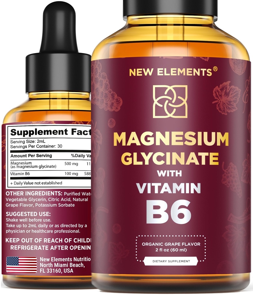 Glycinate de magnésium liquide gouttes avec vitamine B6 - supplément de magnésium 500mg et vitamine B6 100mg