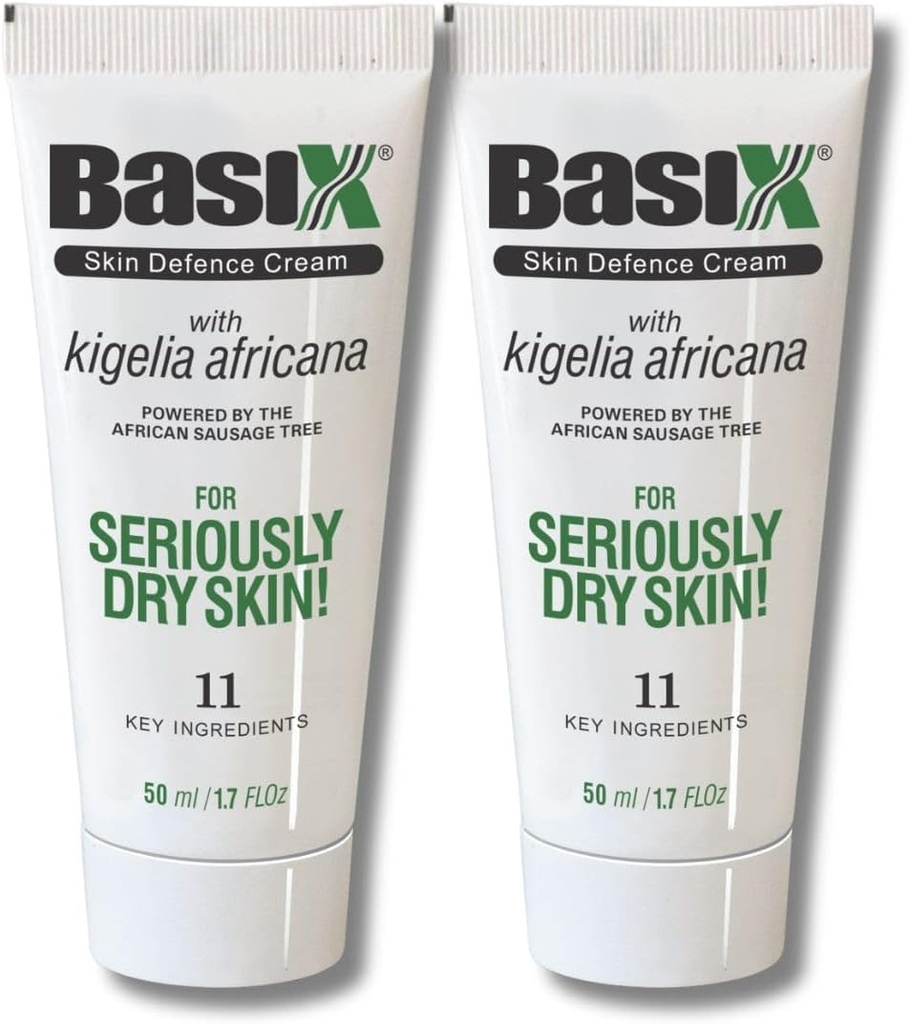 Basix Crème de défense de la peau (Twin Pack) Kigelia Arbre de saucisson africain Soignes Eczema Psoriasis Dermatite Acné Ingrédients naturels pour la peau sèche Itchy Lemon Ginger Plum Rosemary vitamine E Rose Aloe