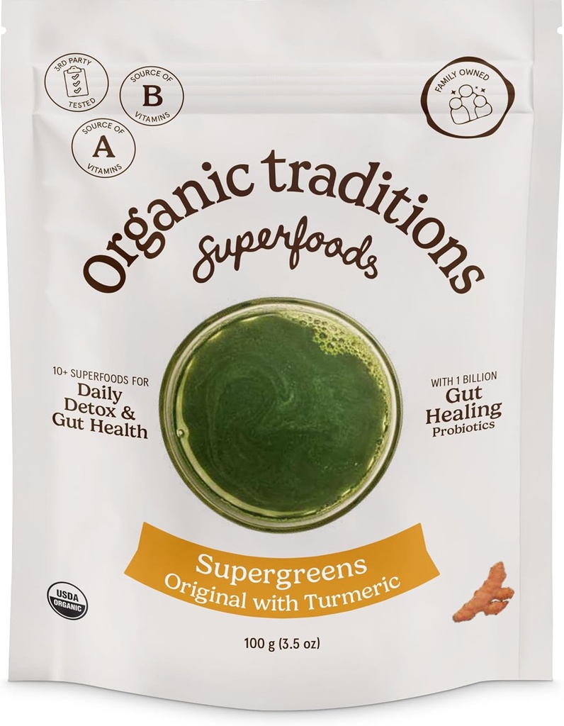 Organic Traditions Super Greens Powder Superfood with Turmeric, Organic Greens Superfood Powder, 100g/3.5oz Bag