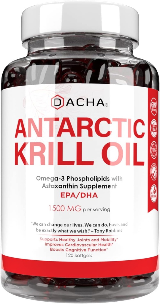 Supplément à l'huile de krill de l'Antarctique Premium Softgels– 1500 mg avec Oméga-3 naturel, Astaxanthin et Phospholipides 120 Gels mous, 180mg EPA et 120mg DHA pour Immune, soutien mémoire, santé cardiaque non-OGM