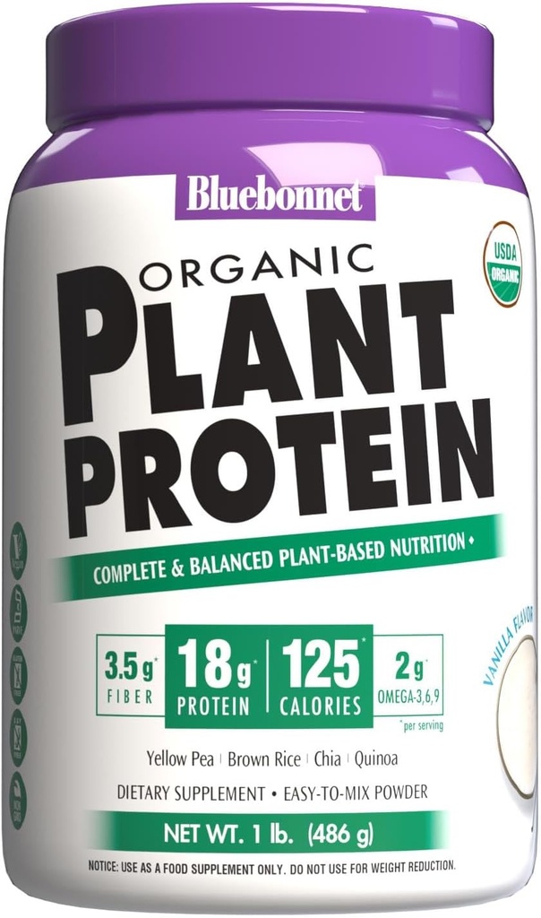 Bluebonnet Nutrition Protéines végétales organiques - 18g Protéines, 3,5g Fibre – Chia, Quinoa et plus - Non-OGM, Vegan, Kosher, USDA Organique, Pas de sucre ajouté – Sans gluten, soja et lait - 1 LB, Vanilla Flavor