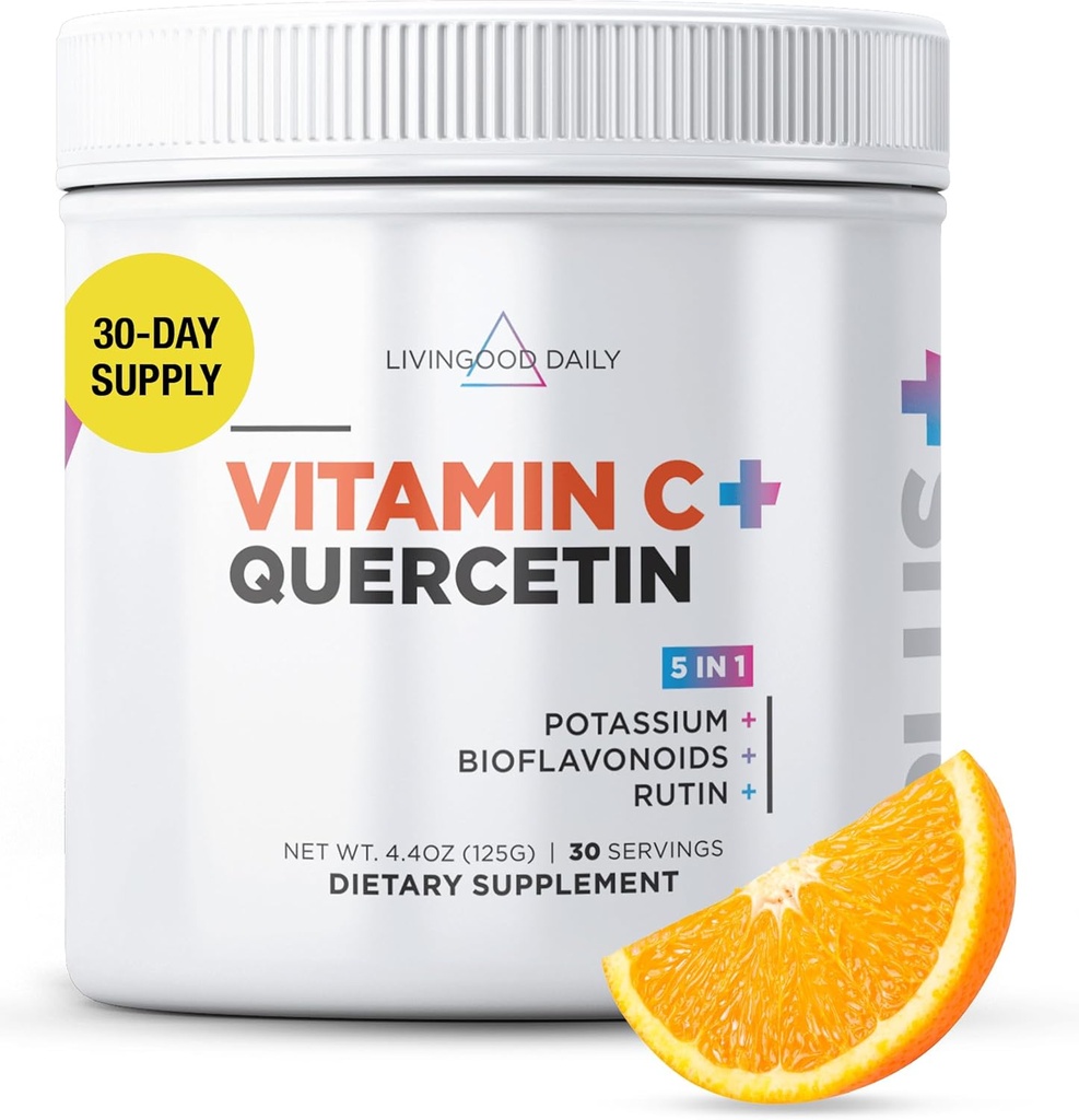 Supplément quotidien de poudre de vitamine C à dose élevée Livingood, 2 600 MG Acide ascorbique La poudre soutient l'immunité et la santé de la peau, vitamine C en poudre avec Quercetine, sucré avec Stevia, Vegan, 30 portions