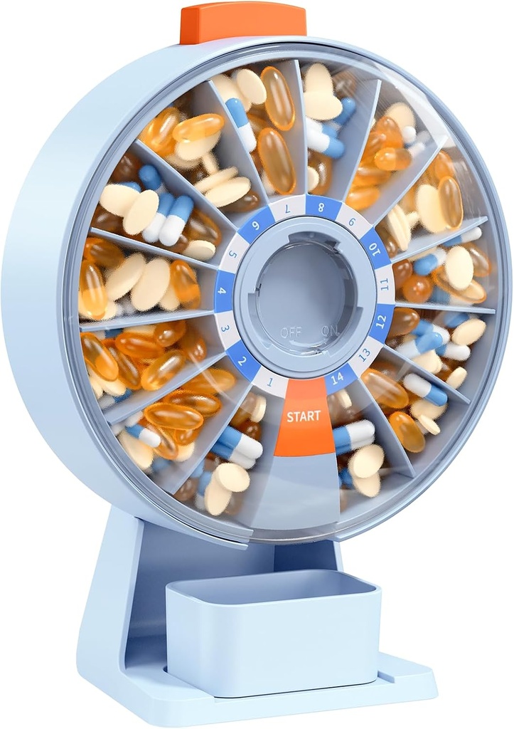 Daviky Pill Dispenser Daily, Grande Pill Organizer with Wall-Mounted or Standing Use, 14 jours Pill Container, Push Button Design, Pill Box Weekly pour la vitamine, la médecine, le supplément, l'huile de poisson(Blue)