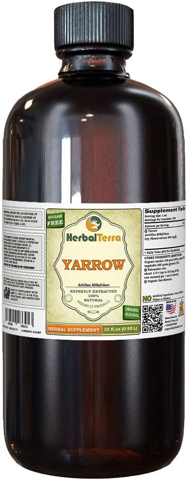 Aiguille (Achillea Millefolium) Teinture, Fleurs séchées organiques Extrait liquide (Marque Nom: HerbalTerra, Fièrement fabriqué aux États-Unis) 32 fl.oz (0.95 l)