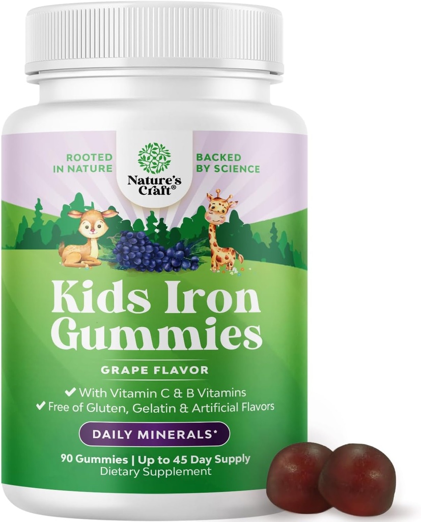 Gummies de fer pour enfants - Suppléments de fer pour les enfants avec douceur pour une immunité et une énergie plus fortes - Vitamine B12, Folate et vitamine C Gummies - OGM végétalien et sans gluten pour les tout-petits - 90 Compte