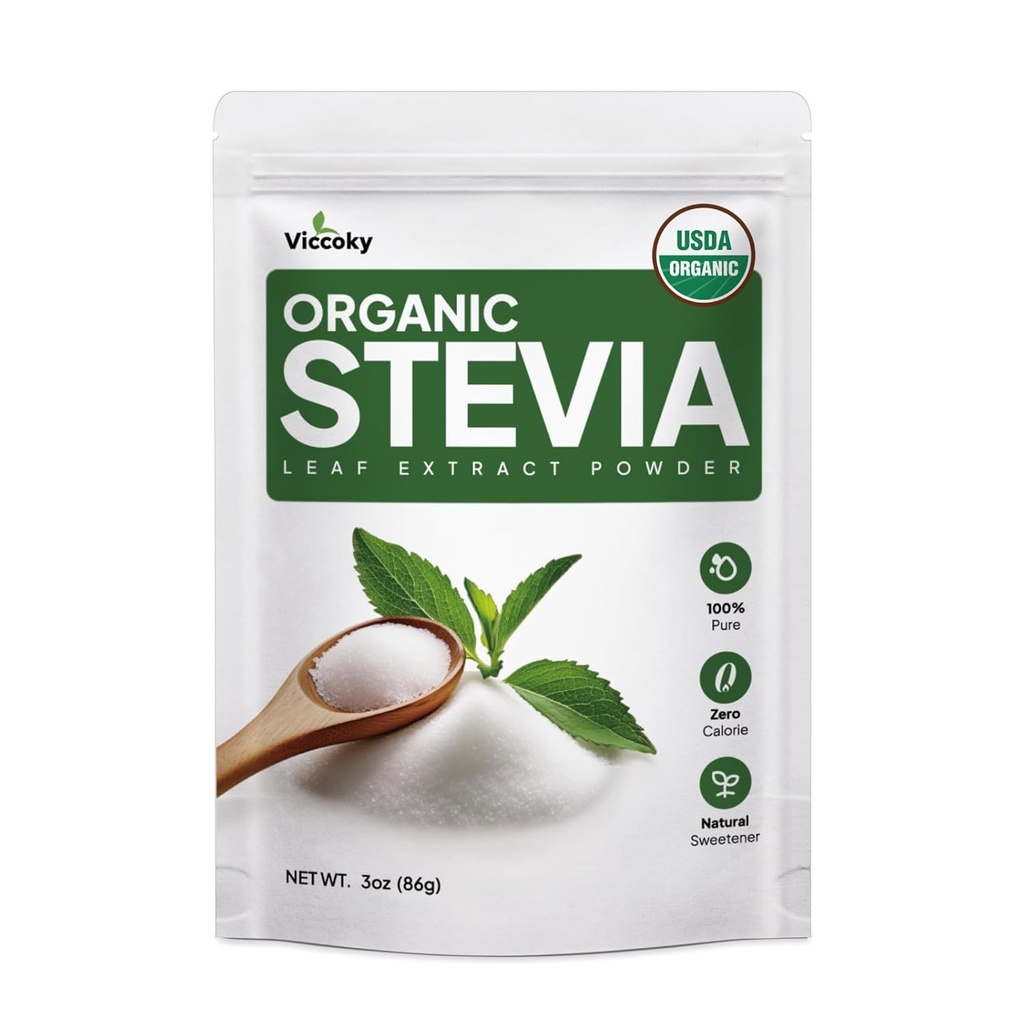 Poudre de Stevia biologique de Viccoky 3oz (86g), poudre d'extrait de Stevia pure, sans sucre et 0 calories, sans additifs, sucre substitut, édulcorant naturel