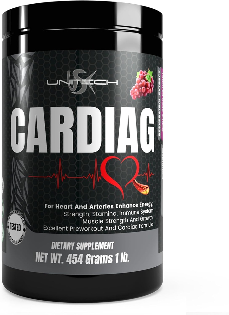Unitech USK Cardiag Poudre de raisin en supplément naturel avec L-Arginine, L-Citrulline, Extrait de graines de raisin, Resveratrol et Coenzyme Q10.