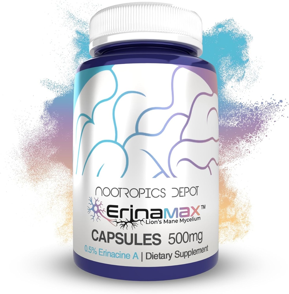Nootropics Depot Erinamax Lion's Mane 500mg Capsules de la culture liquide Mycélium de 2,5mg Erinacine A de l'humeur, de la cognition et du support nerveux de 60 Nombre
