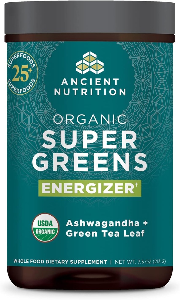 Alimentation ancienne SuperGreens Bio Poudre d'Energizer avec Probiotiques et B12, Fabriqué à partir de Fruits, Légumes et Herbes Réels, pour Digestion, Détoxification et Soutien énergétique, 25 Servants