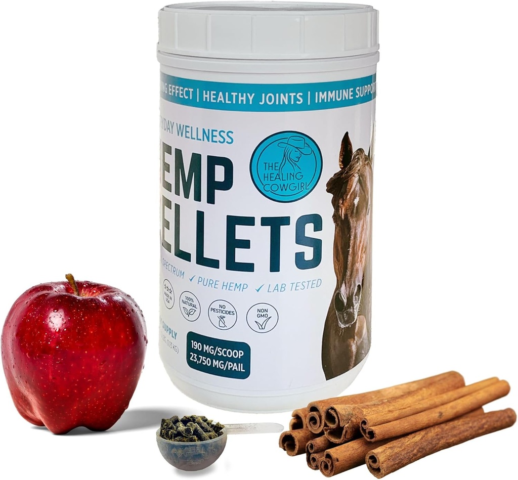 Pellets de chanvre de mieux-être pour chevaux (2,5 lb) avec/Apple Cinnamon Flavor - Calme - Hygiène des articulations et mobilité - Allergies - Soins Hippiques - 62 jours d'approvisionnement (deux fois/jour)