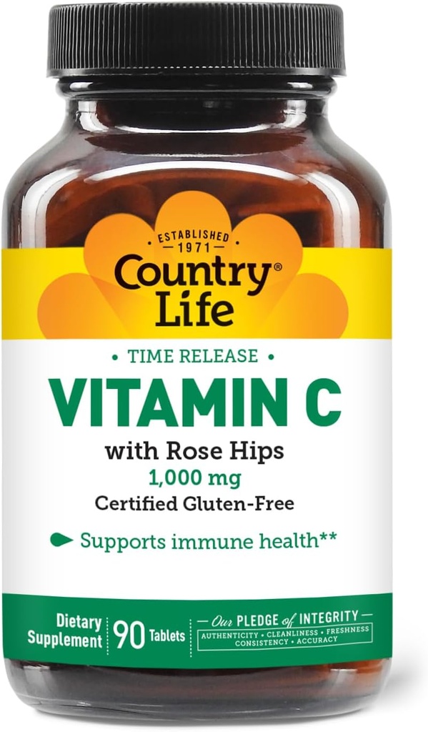 Country Life Vitamine C 1000mg avec Rose HIPS – Supplément de soutien immunitaire à libération temporelle – Protection antioxydante – Vegan, sans gluten, sans conservateur – 90 comprimés