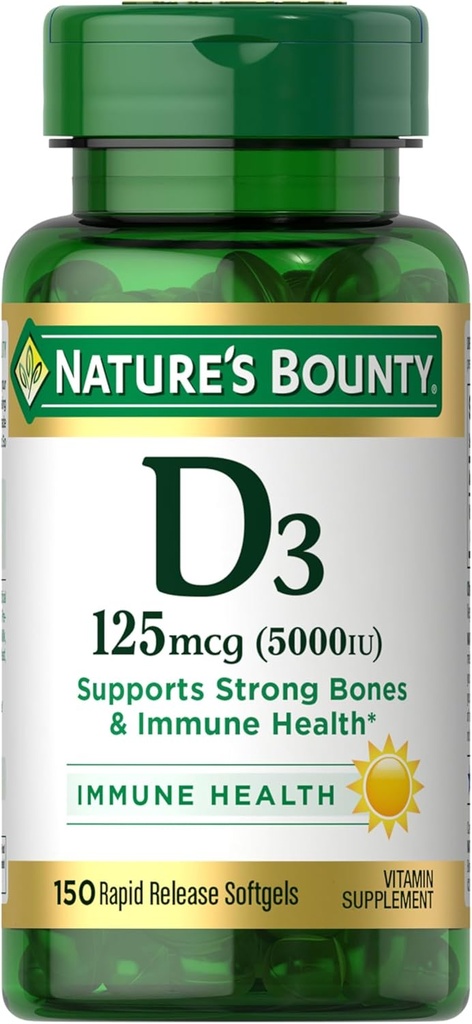 Bounty Vitamine D3 5000 UI Softgels, libération rapide, soutien immunitaire, suppléments de vitamine D, 150 Ct