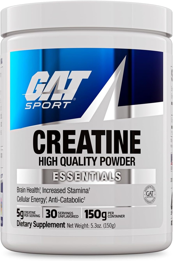 GAT SPORT Poudre monohydratée de créatine, 150 Grams, Force, Santé du cerveau, GLP1 Support Anti-oxydant, Endurance, pour les hommes et les femmes, 1 mois d'approvisionnement, Sans aromatisation (30 portions)