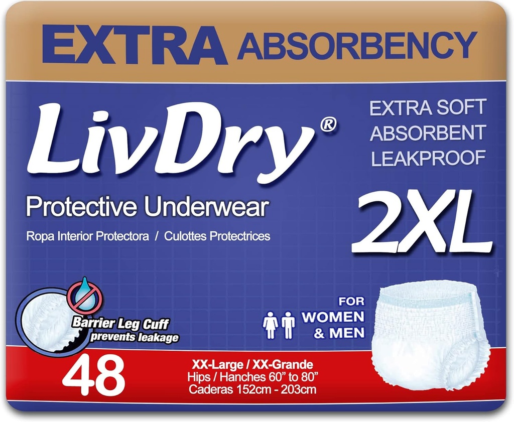 LivDry Adulte XXL Incontinence Sous-vêtements, Absorbance extra confort, Protection contre les fuites, XX-Grand, 48-Pack