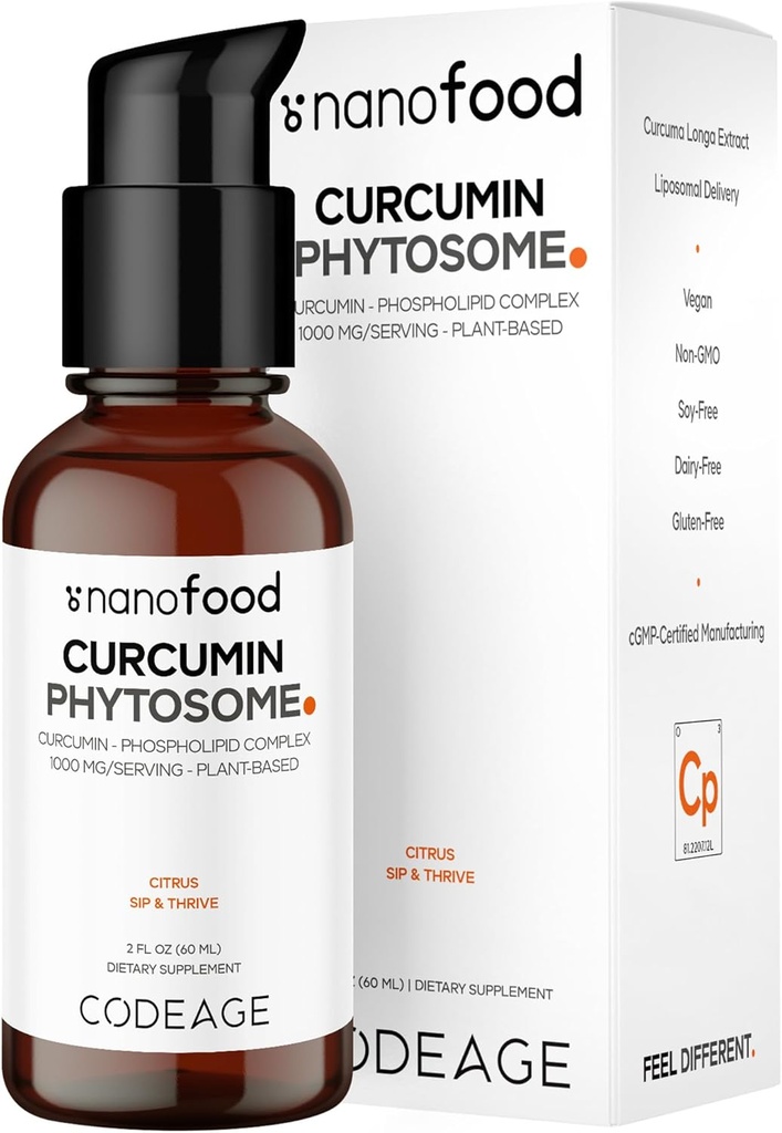 Codage Curcumine liposomique Supplément liquide phytosome, Curcumine curcumine végétale gouttes liquides, Curcuma longue goutte à base végétale, Curcumina, Phospholipide de tournesol, Sans sucre, Arôme d'agrumes, 2 fl oz