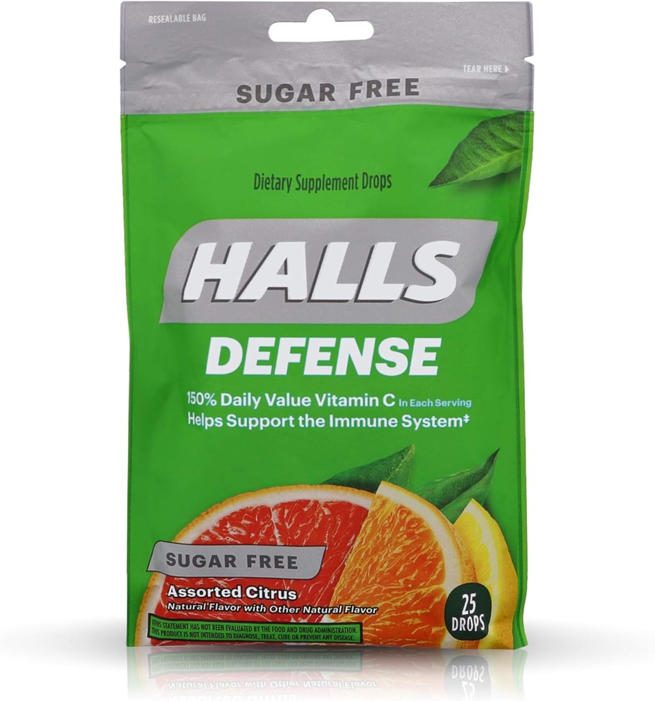 Halls Défense vitamine C gouttes sans sucre agrumes assortis - 25 ct, paquet de 4