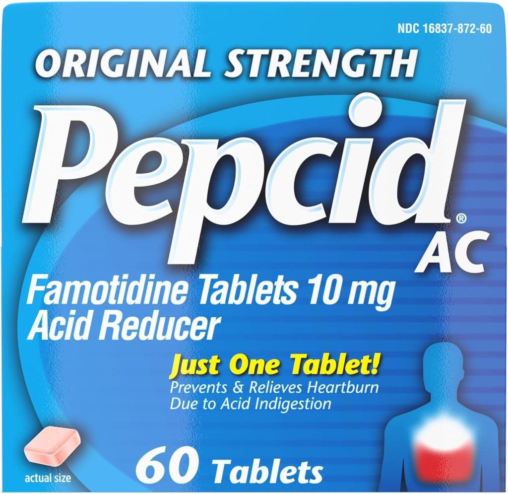 Pepcid AC D'origine Strength Heartburn Relief Comprimes, prévient et soulage les brûlures d'estomac en raison de l'indigestion acide et de l'estomac acide, 10 mg de famotidine pour réduire et contrôler l'acide, à action rapide, 60 Ct