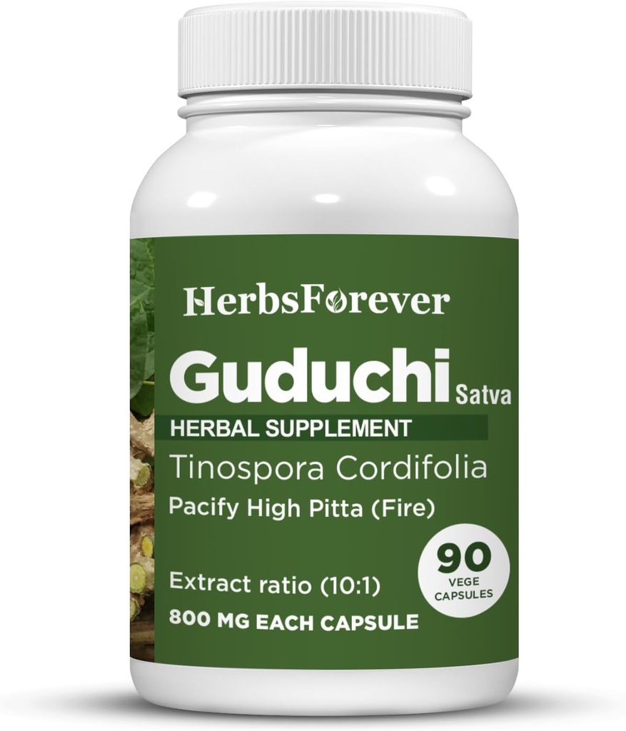 Herbsforever Guduchi Sat Capsules Tinospora Cordifolia Soutien Digestion Balancing Vata et Pitta 90 Vege Capsules 800 Mg Chaque