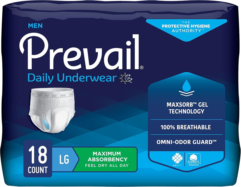 Sous-vêtements de protection contre l'incontinence excessive pour les hommes, Absorbance maximale, Grand, 18 Comte