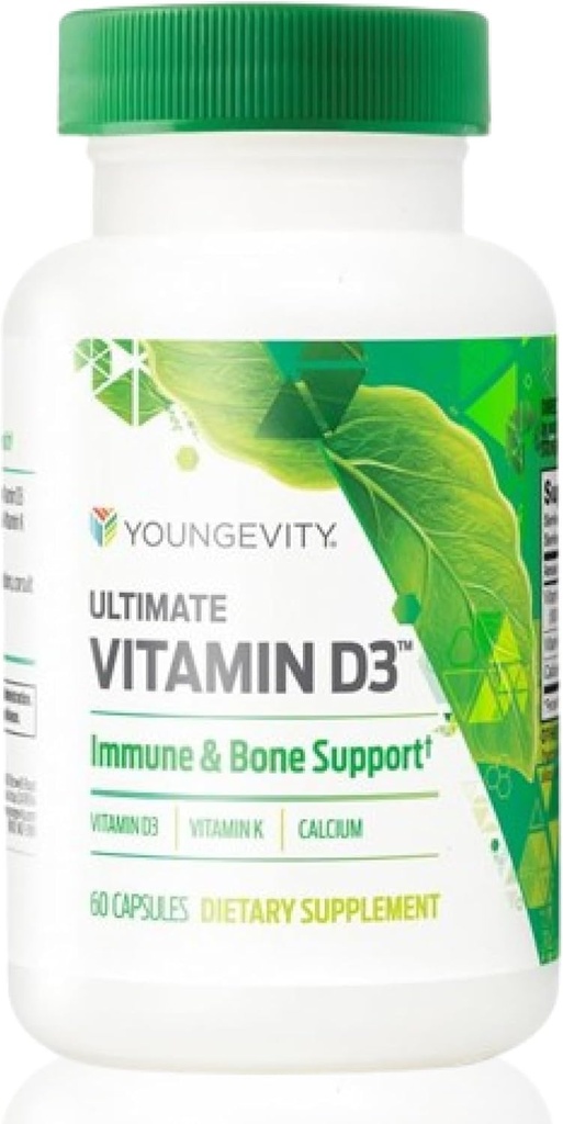 Youngevity Ultimate Vitamine D3 5000 UI avec K2 – Vitamine haute puissance D3, Vitamine K2 et supplément de calcium pour le soutien immunitaire, la densité osseuse et la santé cardiaque – 60 capsules