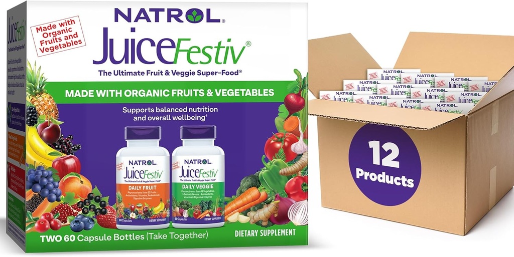 Natrol JuiceFestiv Pack, capsules quotidiennes de fruits et de légumes, complément alimentaire soutient une nutrition équilibrée, 120 Compte (paquet de 12)