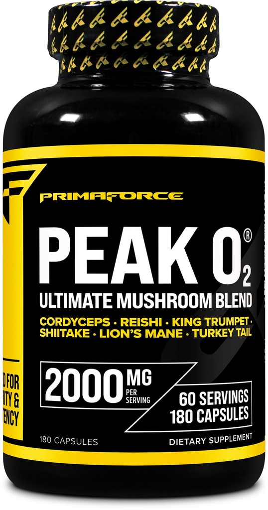 Primaforce Peak O2 Performance Mushroom Powered Oxygen Absorption Booster (180 capsules) (2 000 mg par portion, 60 portions) - Supplément de performance sportif, mélange de champignons ultime