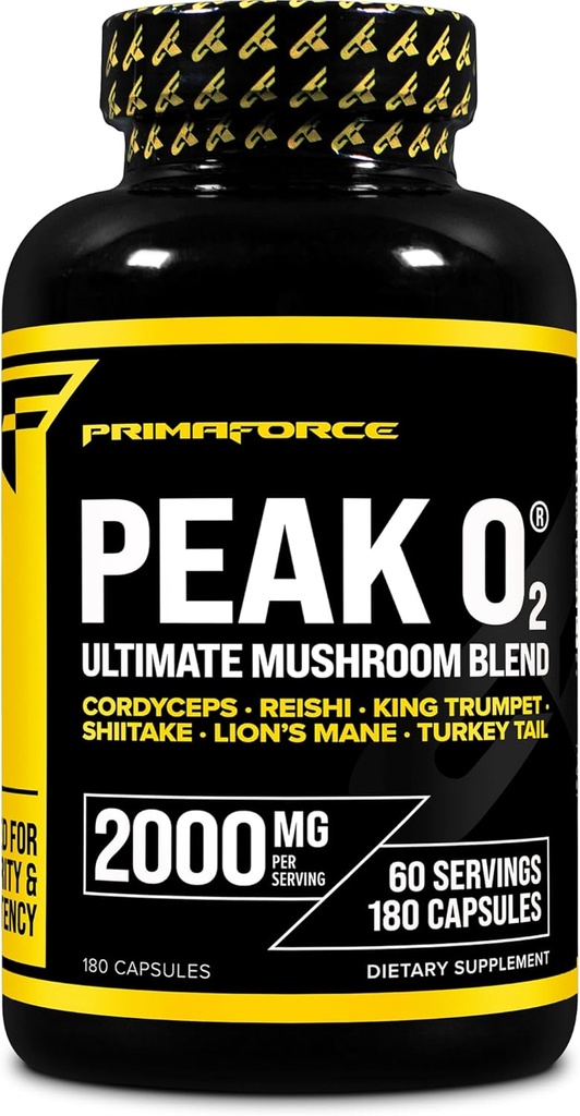 Primaforce Peak O2 Performance Mushroom Powered Oxygen Absorption Booster (180 capsules) (2 000 mg par portion, 60 portions) - Supplément de performance sportif, mélange de champignons ultime